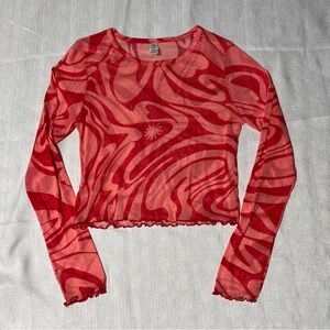 Mesh Red Heart Patterned Long Sleeve Top lightweight Sheer